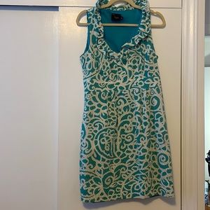 Turquoise & White Ruffled Collar V-Neck Dress 12